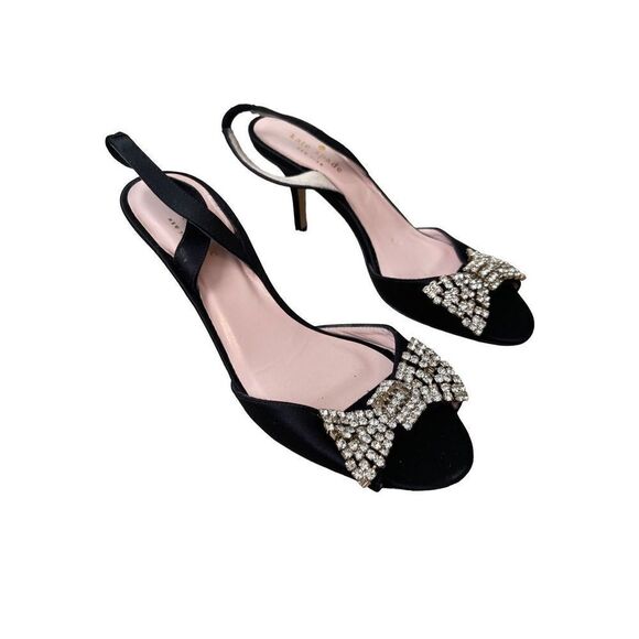 Kate Spade Womens Black Miva Jeweled Bow Satin Slingback Open Toe Heels Sandals - Picture 3 of 8
